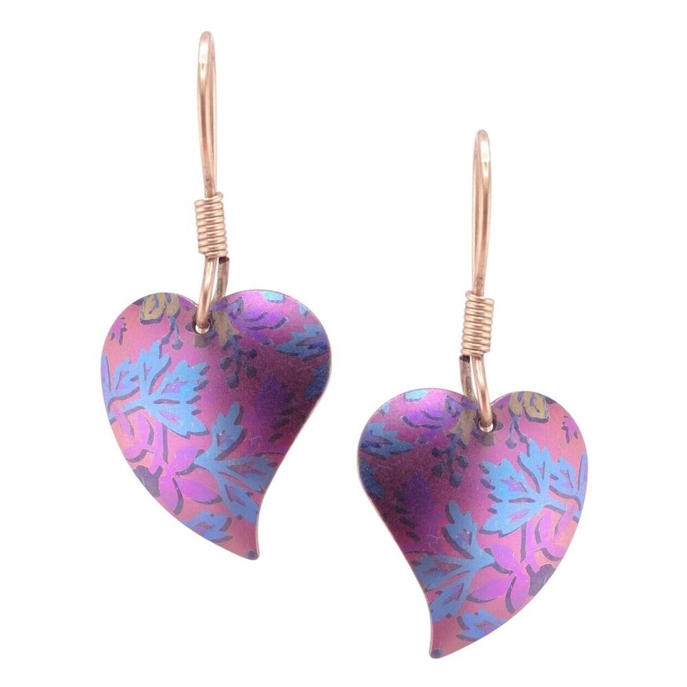 Metallic Purple Hearts with Teal Leaf Design Goldtone Hook Earrings 1 1/4" NWOT